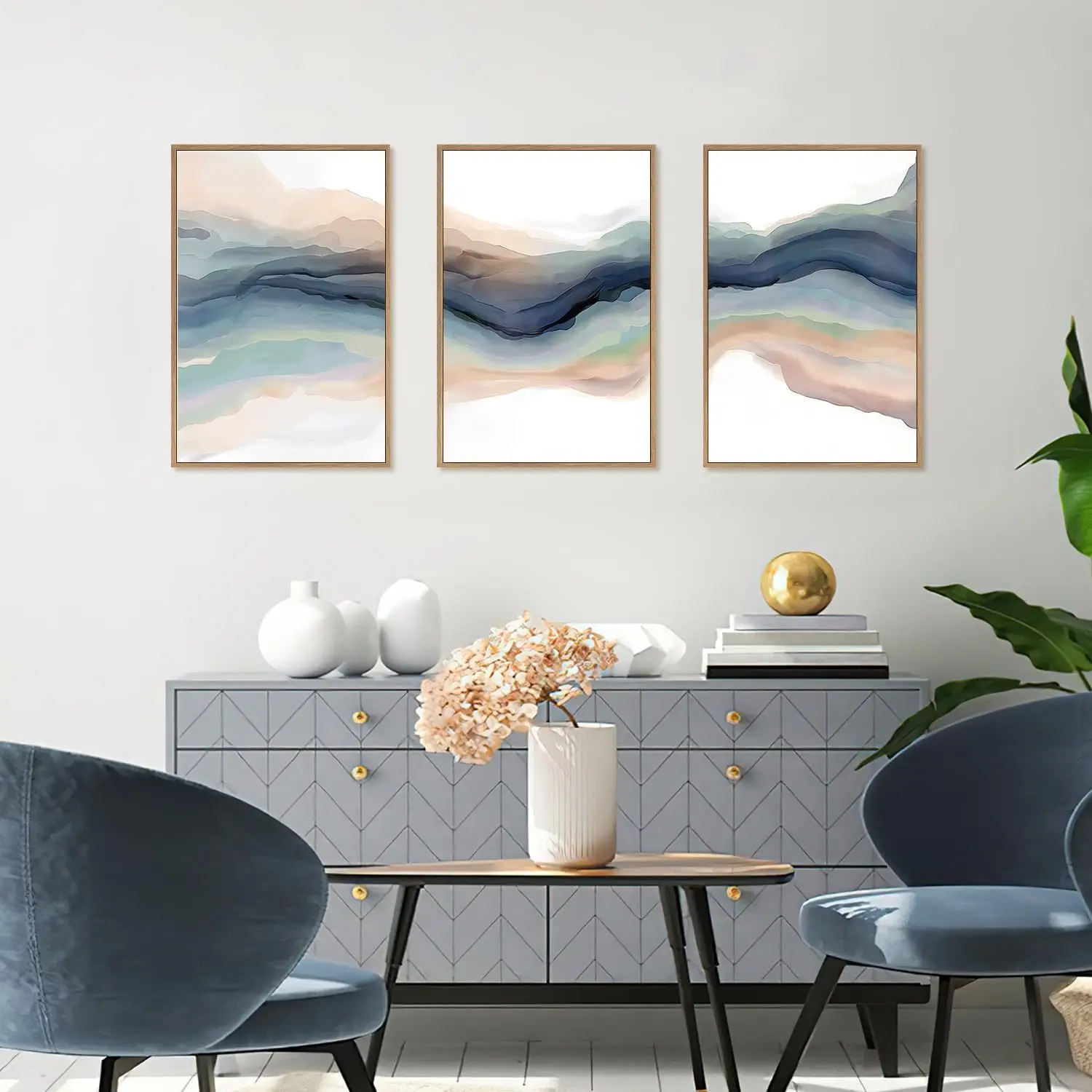 3Pcs/Set Modern Wave Frameless Wall Art Abstract Watercolor Thread Canvas Poster Natural Landscape Painting Office Home Decor