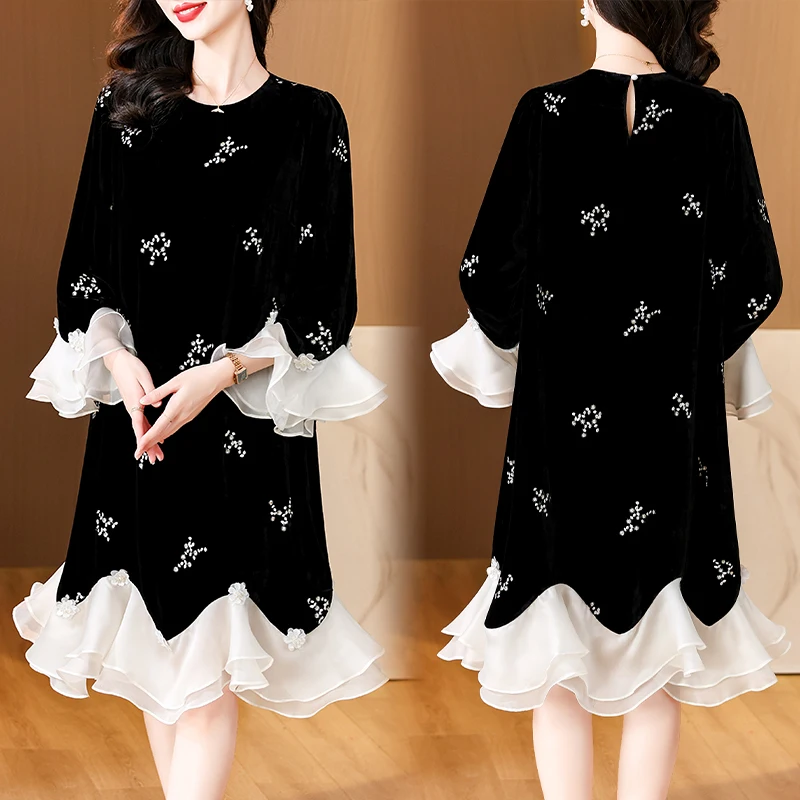 2024 Autumn New Black Silk Flower Embroidered O-neck Trumpet Velvet Dress Loose Large Mesh Splicing Spódnica do kolan