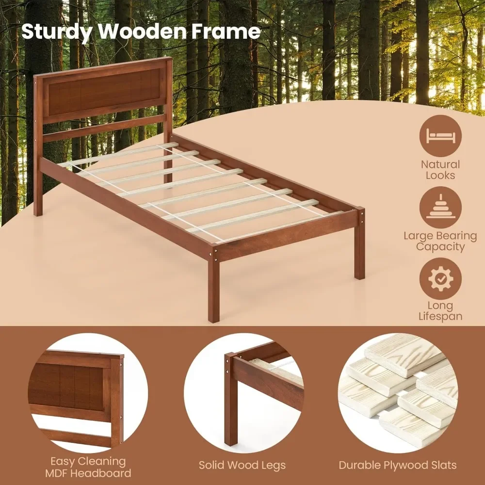 Twin Frames with Headboard, Solid Wood Platform Bed with Wood Slat Support, Single with 16" Under Storage