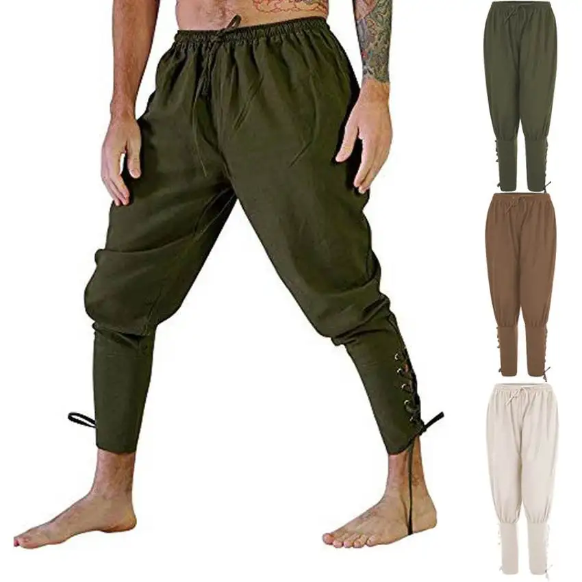Men's Summer Casual Pants High Waist Wide Leg Qui Dry Long Trousers with Ankle Straps Medieval Pirate Sle Busin Gentleman