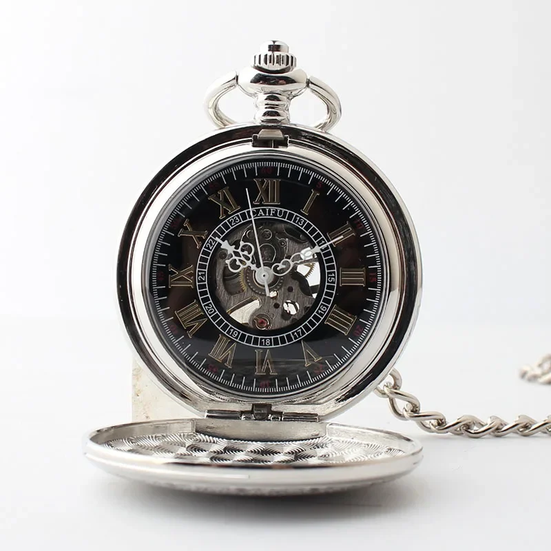 Silver Pocket Watch Simple Design Personalised Vintage Pendant Necklace Hand Wind Fob Watches with Chain Gifts