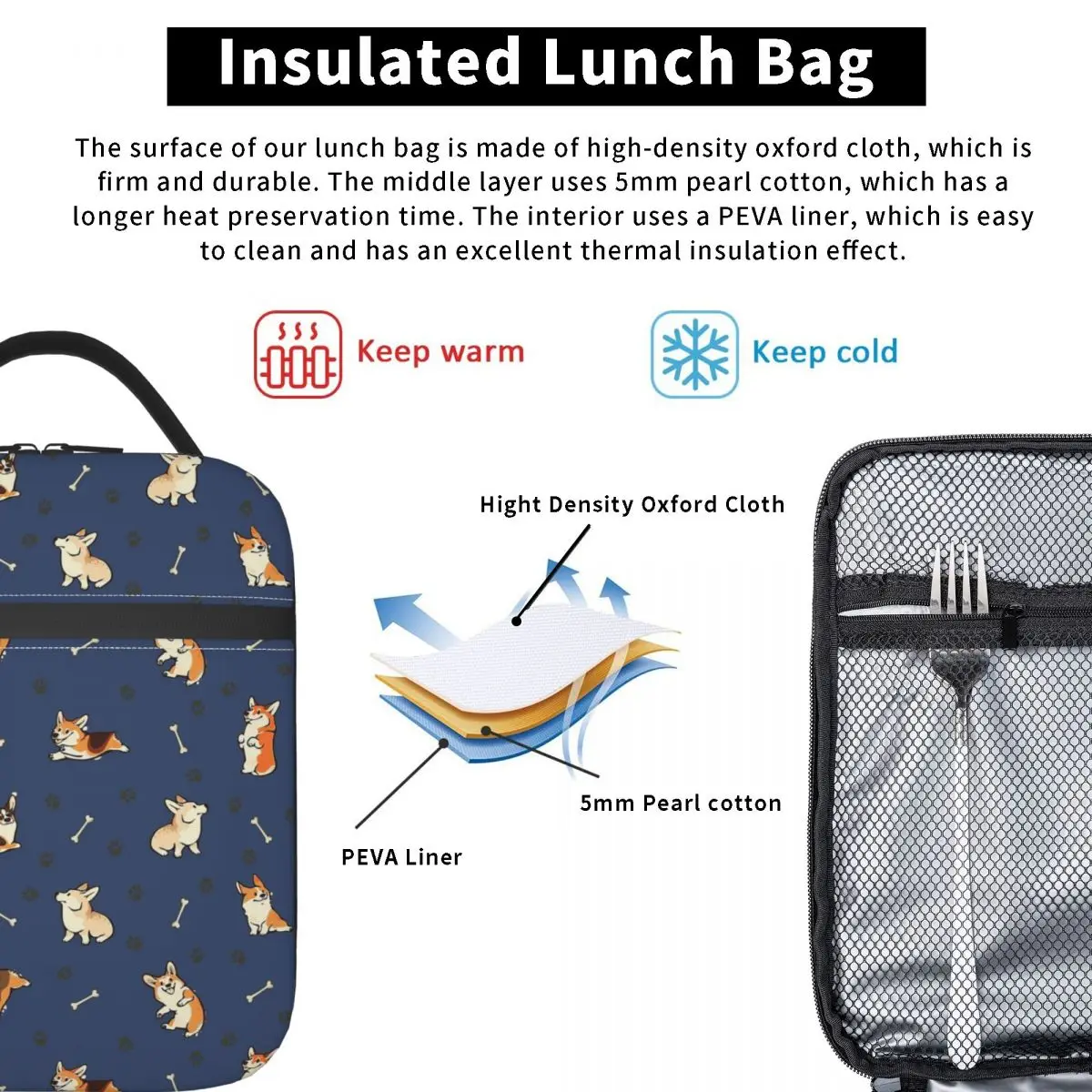 Cute Corgis And Footprint Pattern Insulated Lunch Bag for Women Kids Leakproof Food Boxes Thermal Lunch Box Tote