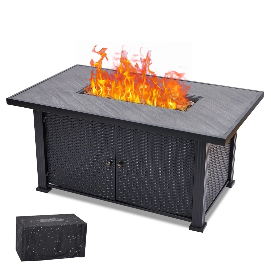 52 Inch Propane Fire Pit Table, 50000BTU Rectangle Fire Table with Cover & Rain Cover, Sturdy Steel and Iron Fence Surface