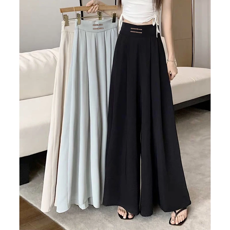 Gidyq Women Chiffon Wide Leg Pants Korean Fashion High Waist Loose Casual Pants Y2K Elegant All Match Female Pleated Trousers