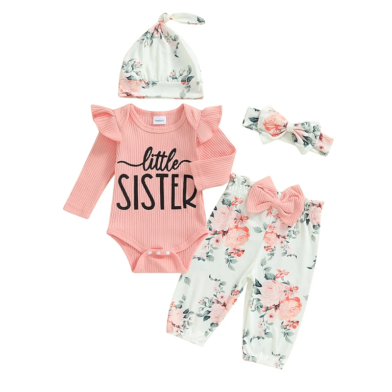 

Baby Girls Fall 4PCS Sets Long Sleeve O Neck Letter Print Romper Floral Pants Headband Hat Sets