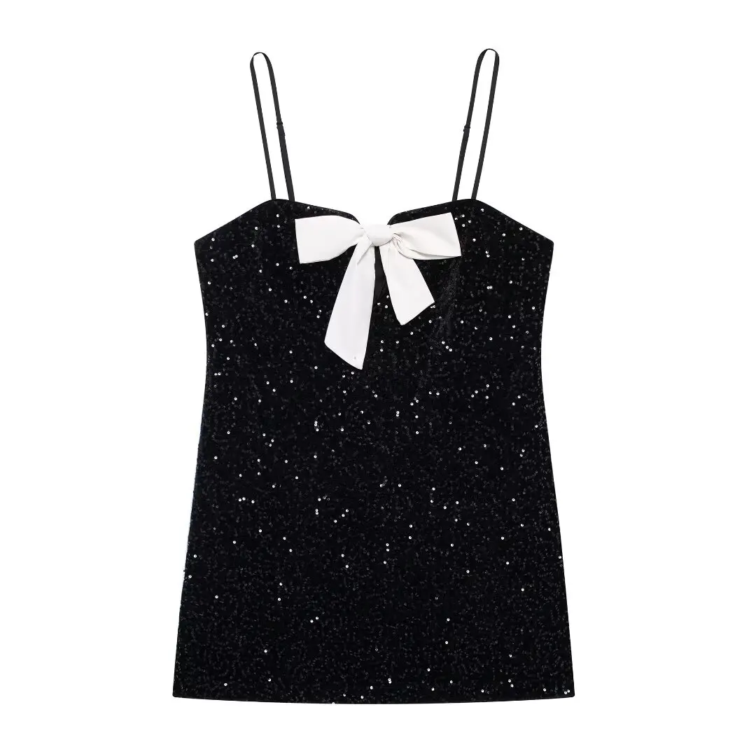 

TRAFZA Female Party Sexy Mini Dress Black Square Collar Sleeveless Backless White Bow Decorate Summer Dresses Woman Trendy