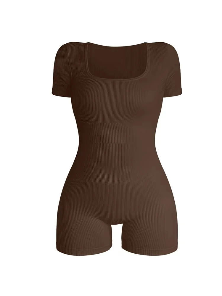 Tuta da donna a maniche corte con collo quadrato Tuta sexy aderente a vita alta Tuta intera da donna sexy alla moda