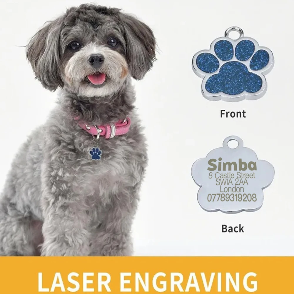 Free Personalized Dog Cat Plate Tags Engraved Puppy Pet ID Name Collar Tag Alloy Paw Glitter Pendant Pets Dogs Accessories gallery 4