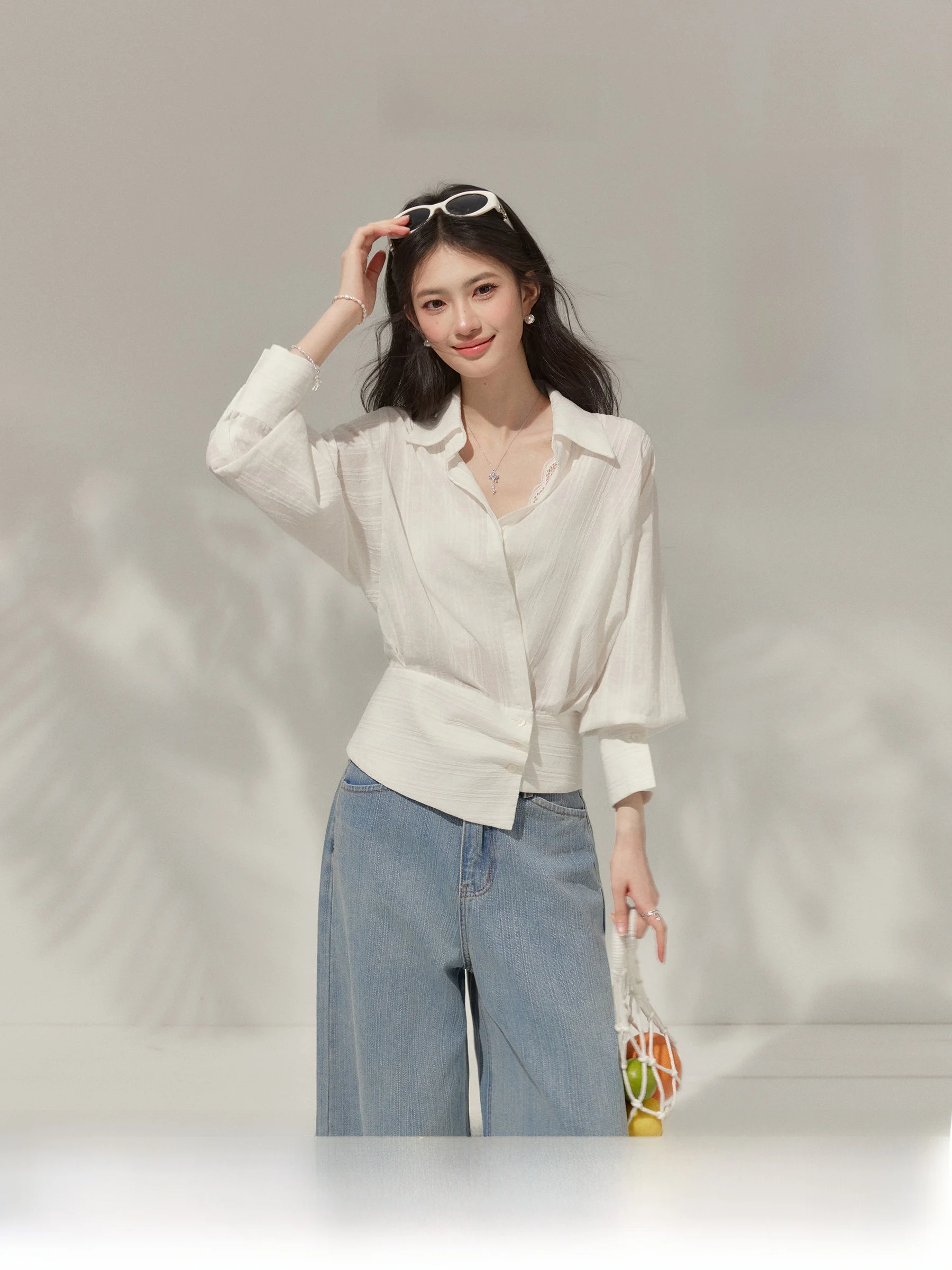 

Elegant White V-neck Batwing Sleeve Shirt Women's Spring Summer Slim Fit Casual Shirt Irregular Hemline Simple Yet Attractive