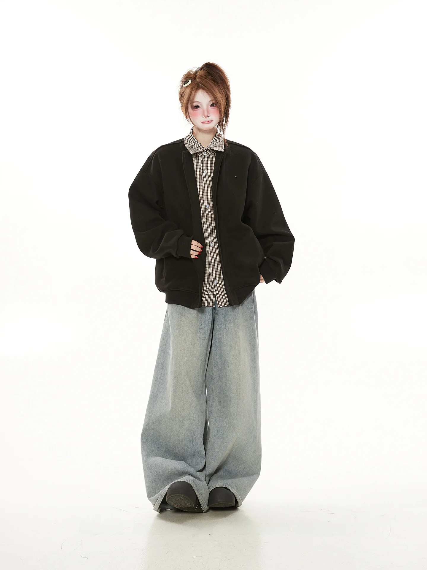 

Casual American Plaid Splicing Fake Two-Piece Collar Sweatirt Cardigan Women Spring Autumn New Trendy Brand Couple Jac...