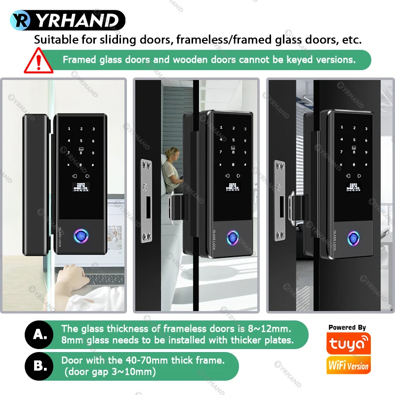 YRHAND Smart Lock for Glass Door Biometric Fingerprint Lock TTlock Tuya Wifi Electronic Lock Digital Keyless for Sliding door