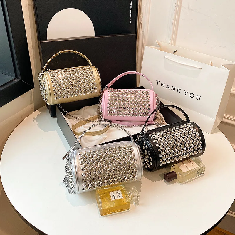 Fashion Cylinder Bags for Women Trend 2024 New Rivet Diamond Handbag Woman Personalized High Quality Leather Shoulder Bag Woman