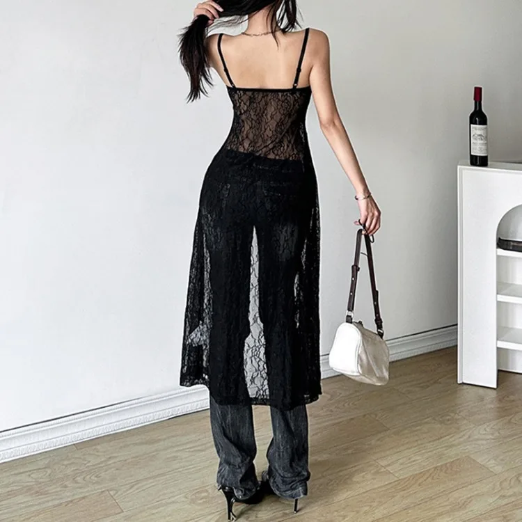 2024 New Lace See Through Camisole Tops Summer Leopard Hollow Out Tank Top Y2k E-Girl Mid-length Loose Black Vest for Women