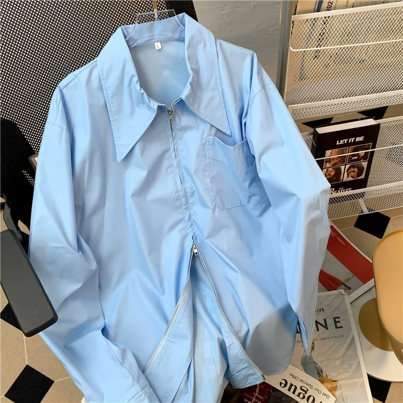 Fashion New Shirts Women Korean Loose White Blue Double Zipper shirts Spring Fall Ins Long Sleeve Casual Solid Blouses NS5831