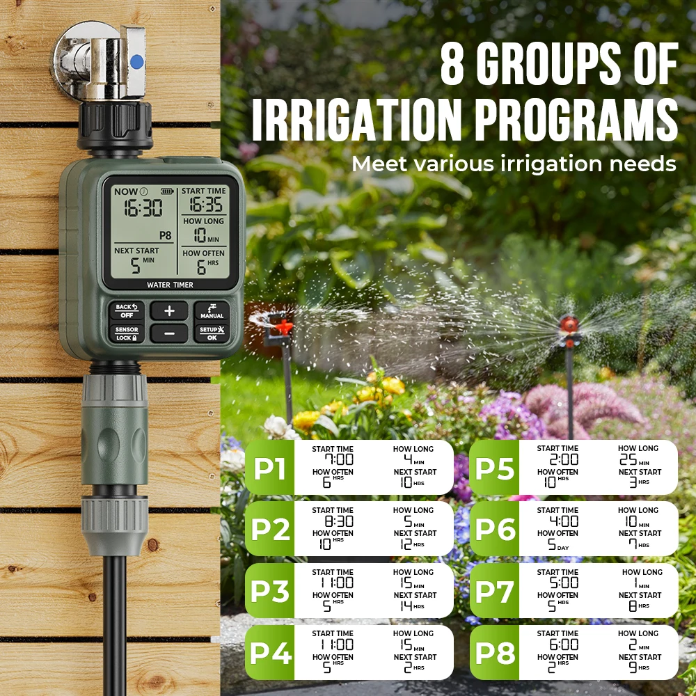 Temporizador de Riego Eshico 8P HCT-312 con Sensor de Lluvia y Retardo Automático, la Mejor Opción en Herramientas de Jardín, Versión Mejorada