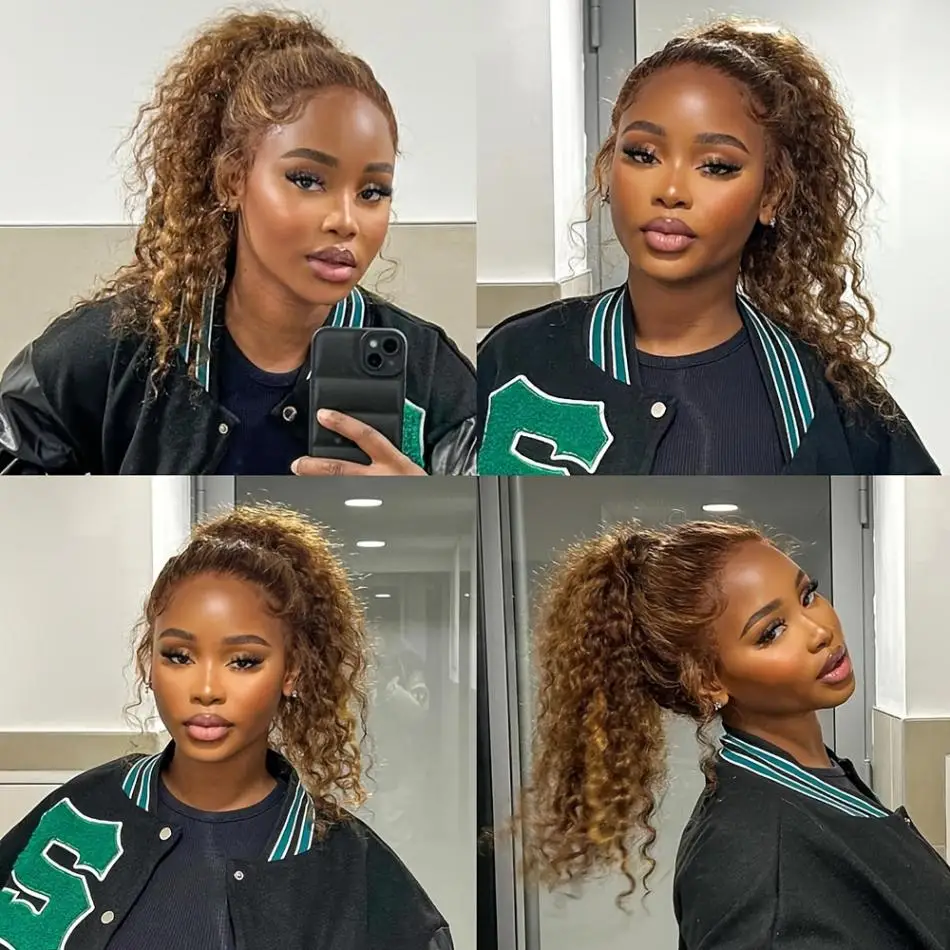 220 Density P427 Honey Blonde 360 Full Lace Wig Highlight Curly Human Hair Pre-Plucked Deep Wave 360 Lace Wig Invisible Drawstring Strap Lace Frontal Wig 34 Inch view 7
