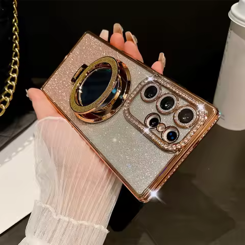 S25Ultra Mirror Glitter Bracket Case For Samsung Galaxy S24 S23 S22 Ultra S25 Plus A55 A53 A52S A15 A16 Luxury Diamond Cover