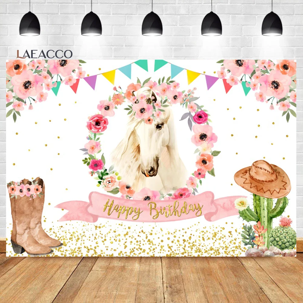 Laeacco Ngựa Sinh Nhật Phông Nền Tây Nông Trại Màu Nước Hoa Màu Da Bò Cho Bé Chân Dung Tùy Chỉnh Nền Chụp Ảnh