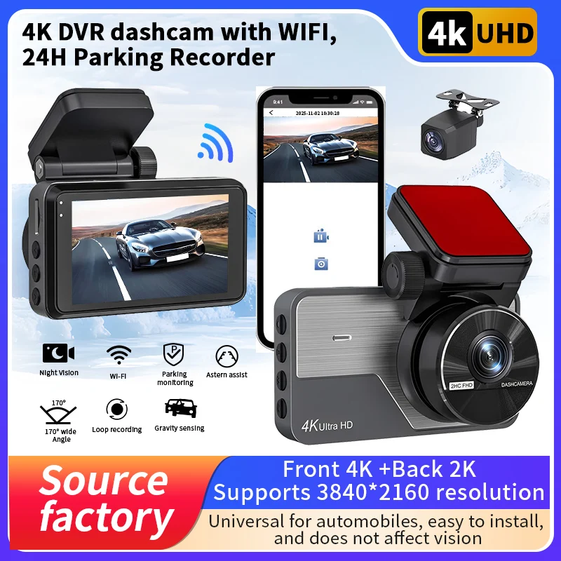 

4K DVR dashcam with WIFI, 24H Parking Recorder,Front 4K +Back 2K,3840*2160 resolution,Loop recording,24-hour parking monitoring