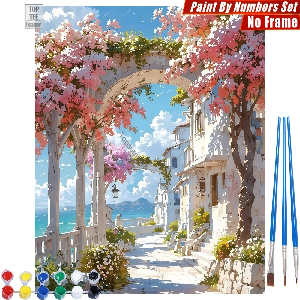 Set de Pintura al Óleo Digital DIY Mediterranean Stone Street - Flores de Calle, Escalones, Decoración del Hogar, Regalo del Día de la Madre para Esposa