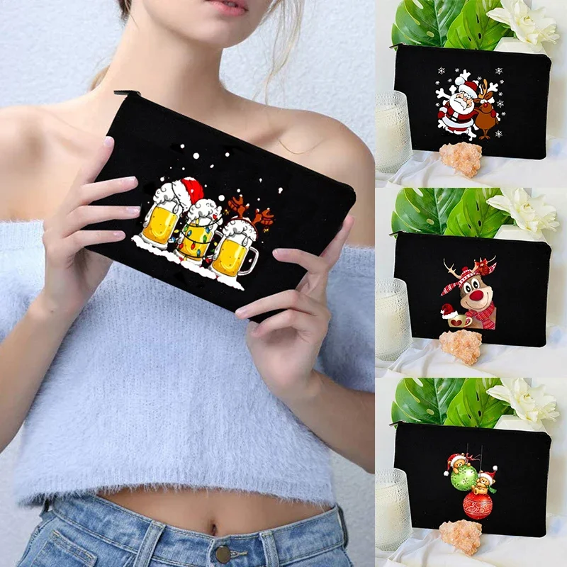 2023 Christmas Present Santa Claus Black Printed Zipper Makeup Bag Cosmetic Pouch Organizer for Cosmetics Pencil Cases for Girl