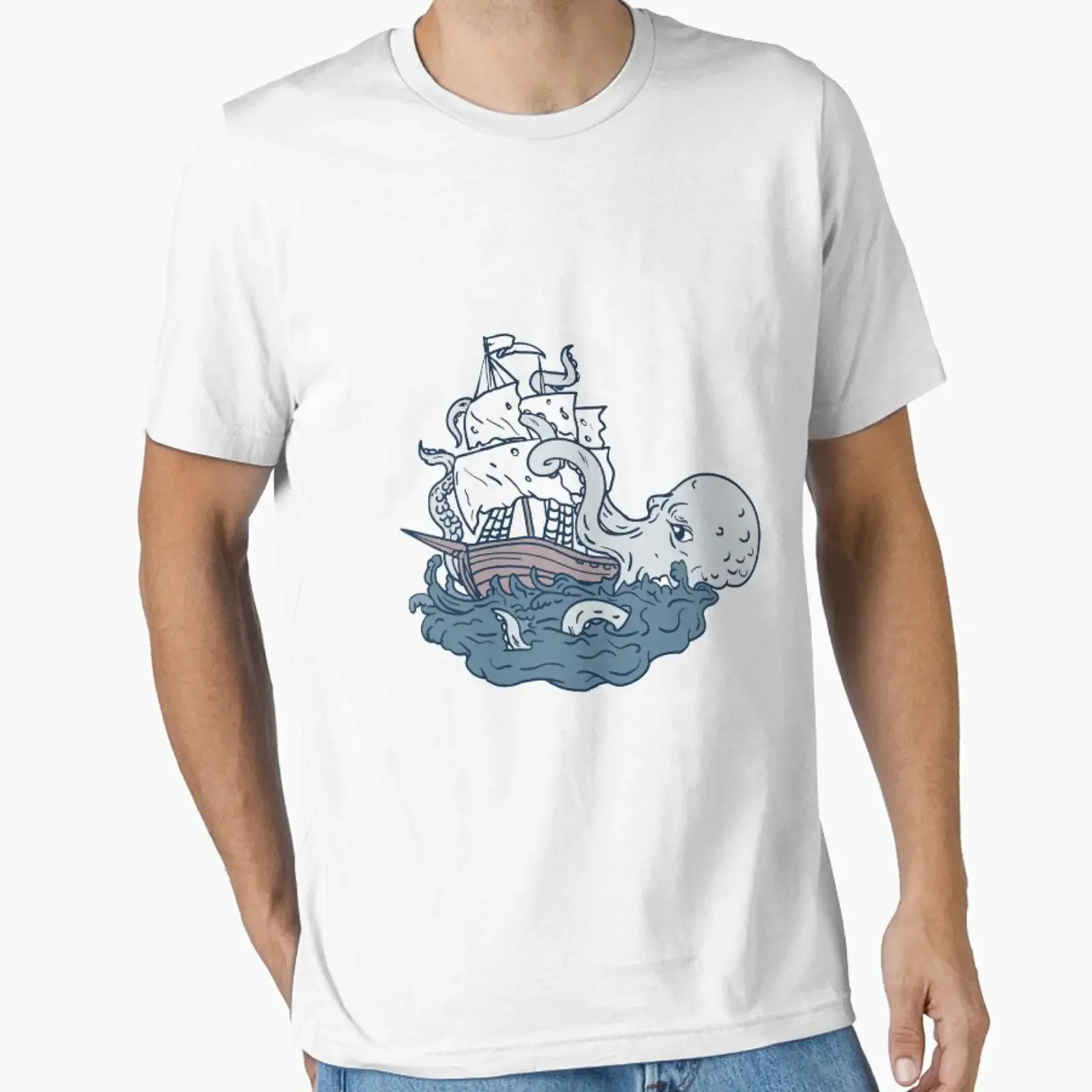 Kraken Attacking Sailing Galleon Essential T Shirt vintage Washed Stylish Casual Slightly graphic Breathable homme Versatile
