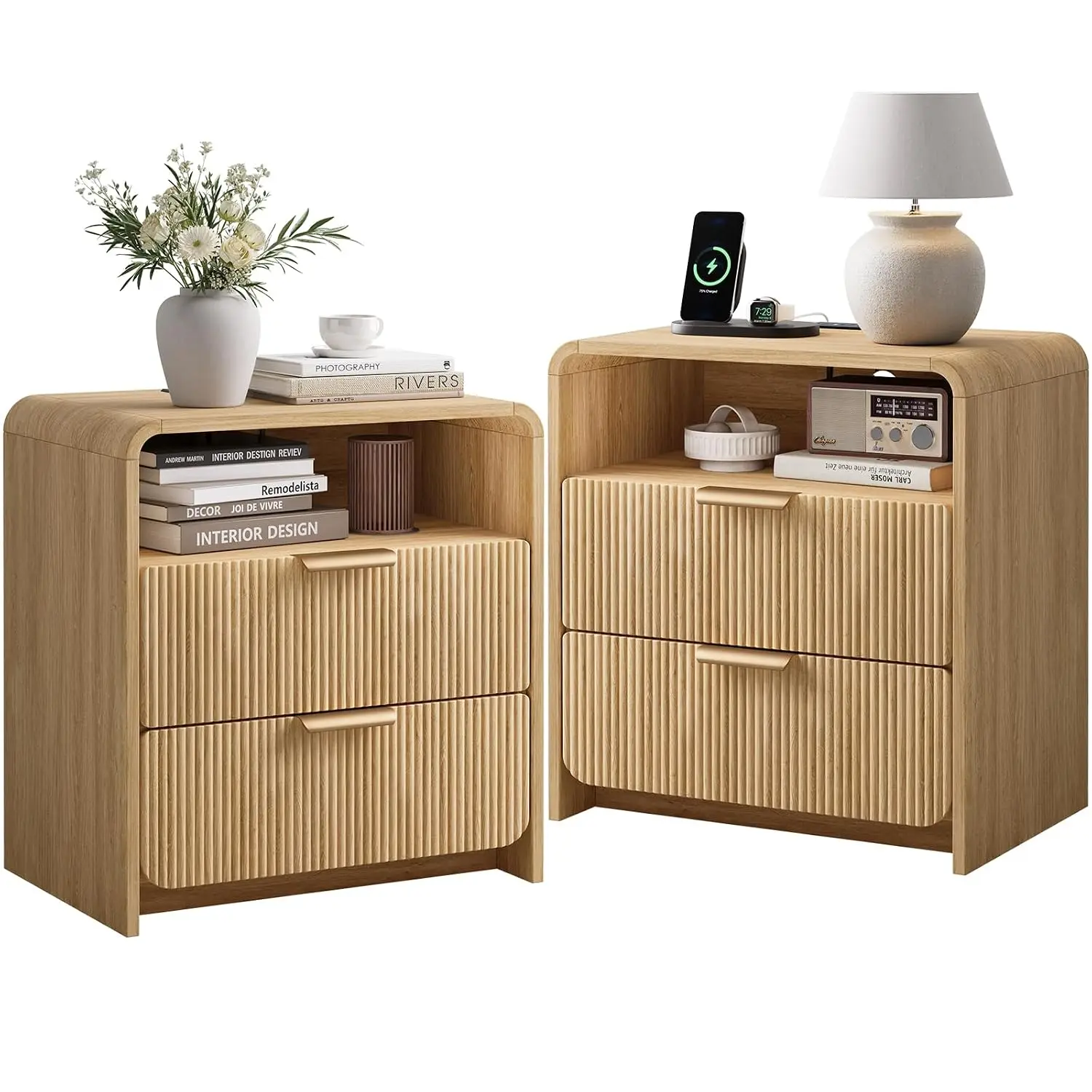 24 Inch Wide Natural Oak Fluted Nightstand Set of 2 with 2 Drawers Open Shelf Furniture For Room Handles Bedside Table Custom