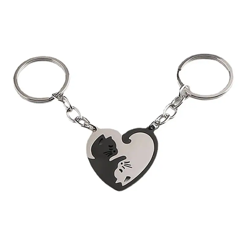 Cat Matching Keychains Black And White Cat Puzzle Keyring Heart-shaped Keychains For Him And Her