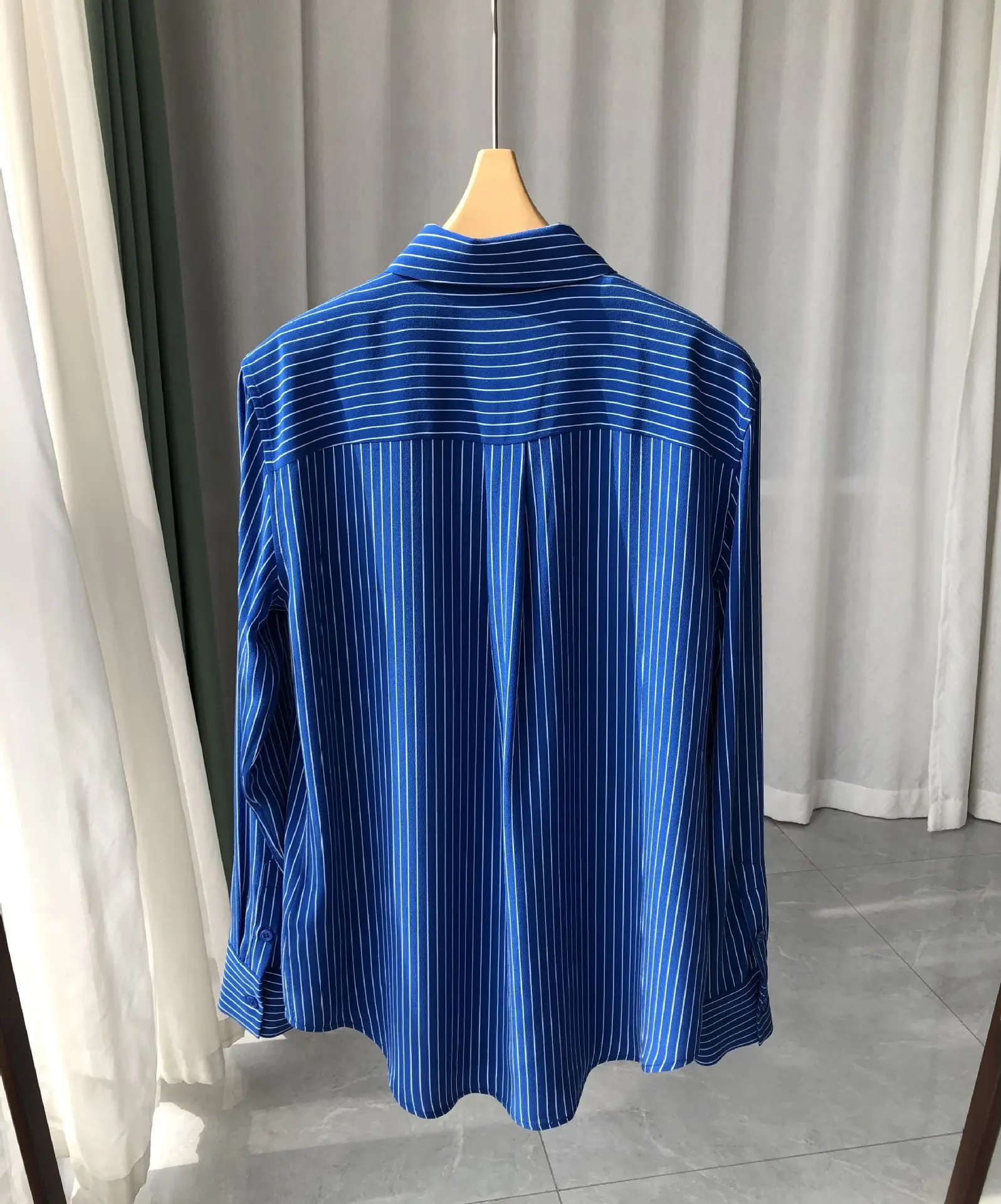 Blue Stripes Sand Washed 100% Silk Shirt Long Sleeve Women Autumn Shirts & Blouses Button Down Blouse Ladies Work Office Top