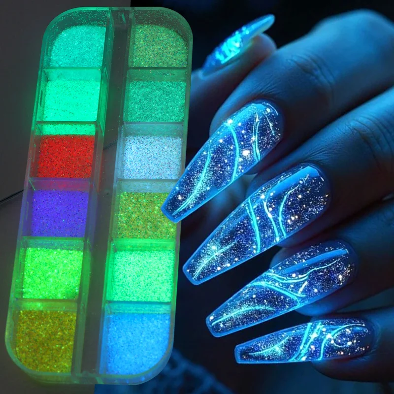 12 Grids Glowing in The Dark Glitter Shiny Holographic Sugar Nail Powder Luminous Effect Nail Art Chrome Pigment Flakes Dust