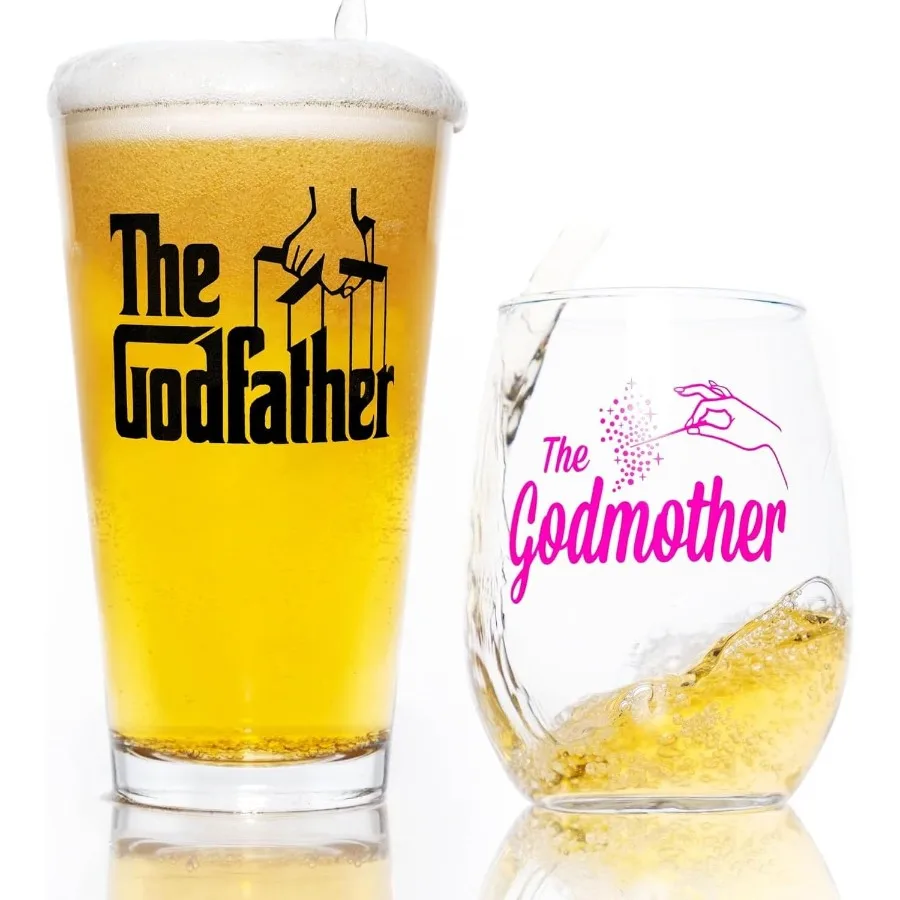 

The Godfather and Godmother Printed Pint and Stemless Wine Glass Set - Premium Quality Licensed Handcrafted Glassware - A Colle