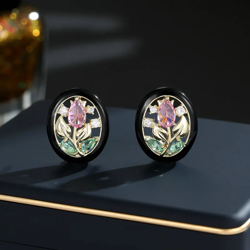 

s925 Silver needle niche and elegant earrings, sweet and fresh style, oval hollowed-out glazed rose stud earrings