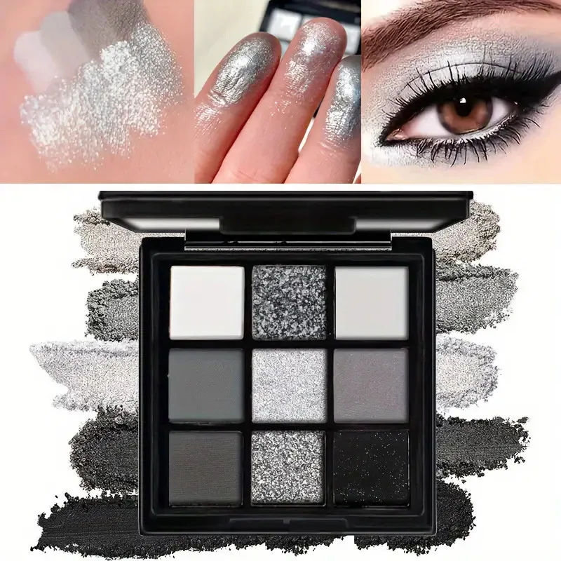 Paleta de sombras de ojos de 9 colores, Color negro oscuro, gris, plateado, brillo, acabado mate, estilo ahumado, escenario para maquillaje de actuación de fiesta