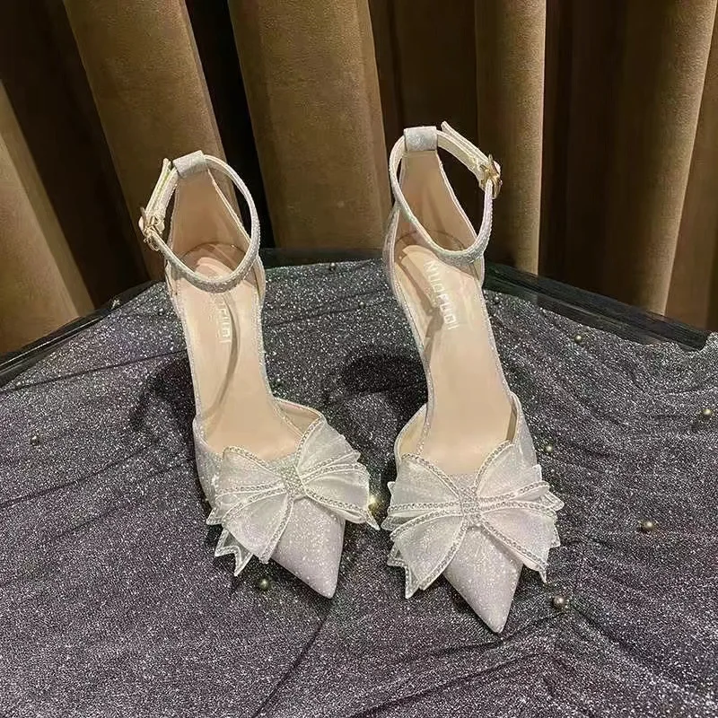 Eleganti décolleté con tacco alto argento donna autunno Plus Size 42 cinturini alla caviglia scarpe da festa donna scarpe da sposa con papillon a