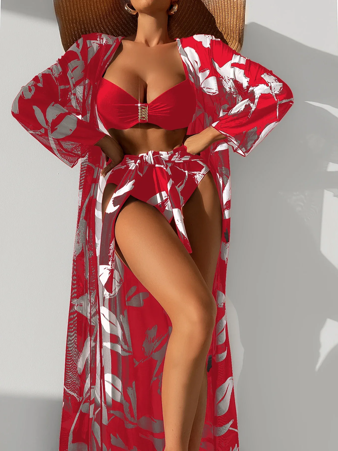 2024 Three Pieces Bikini Set Cover Up Swimwear Women Swimsuit Print Long Sleeve Push Up Bathing Suit Beachwear Swimming Biquini