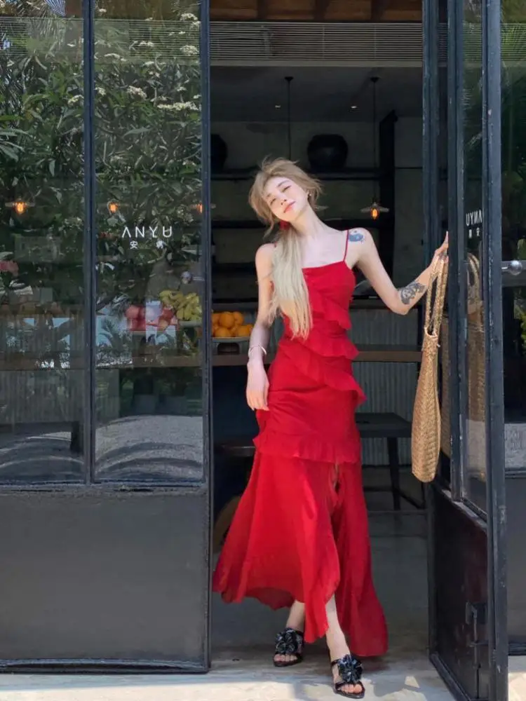 

Summer French Retro Red V Neck Elegant Ruffles Split Slip Long Dress Women Sleeveless Sexy Backless Pleated Party Evening Dress