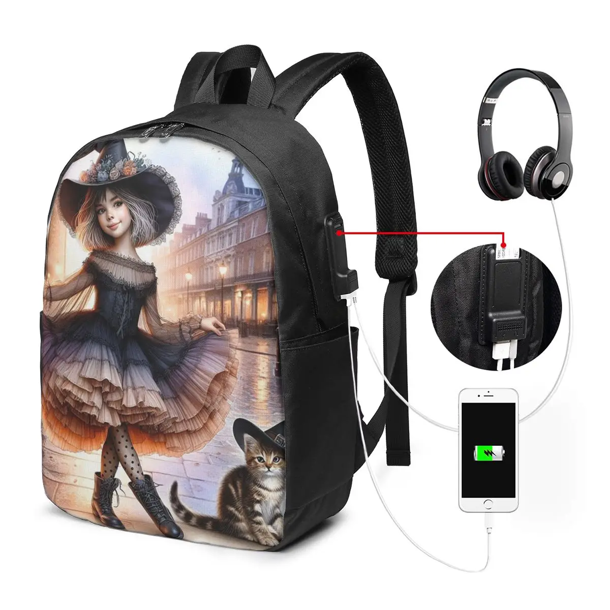 Witch And Cat Walking In A Small Alley Backpack Travel Notebook Bag Computer College Student School Bag Laptop Shoulder Bags