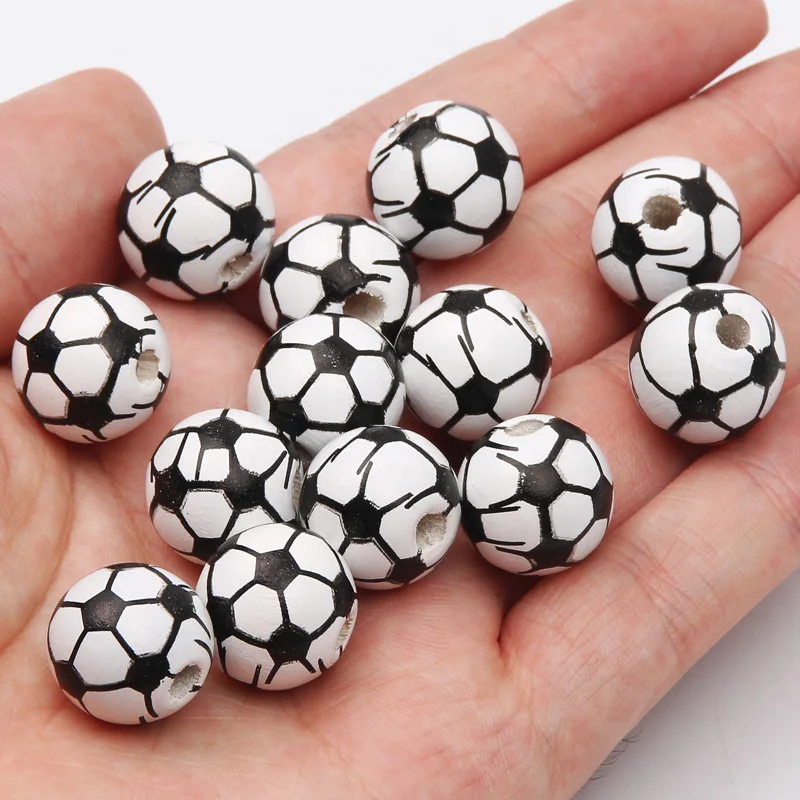 10pcs/Lot Football Wooden Beads Round Loose Spacer Beads For Handmade Necklace Bracelet DIY Jewelry Making Accessories 16mm