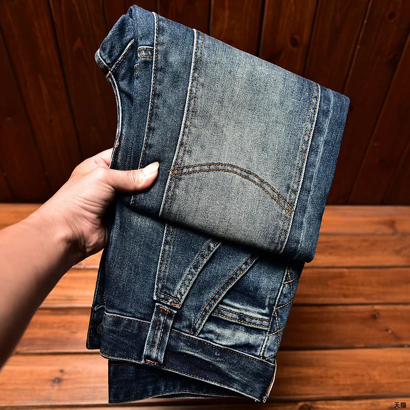 Jeans slim fit bordado masculino, calças compridas para motocicletas, jeans lavado, elástico azul com todos os fósforos, na moda