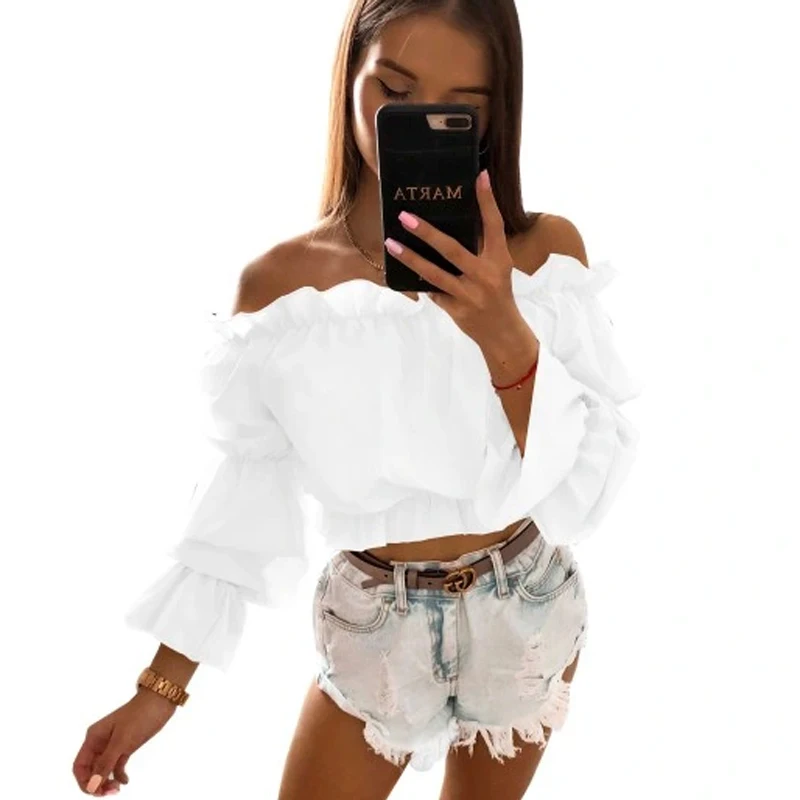 Women Off The Shoulder Flare Long Sleeve Crop Top Fall Spring 2024 Sexy Chiffon Fleece Cropped Blouse Tee Shirts Streetwear Y2K