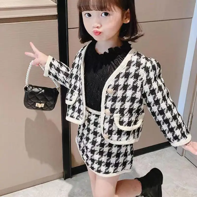 Fall Girls Sweaters Set autumn Winter Long-sleeved Plaid Top Skirt Two-piece Suit Baby clothes suit Toddler Girl dress set