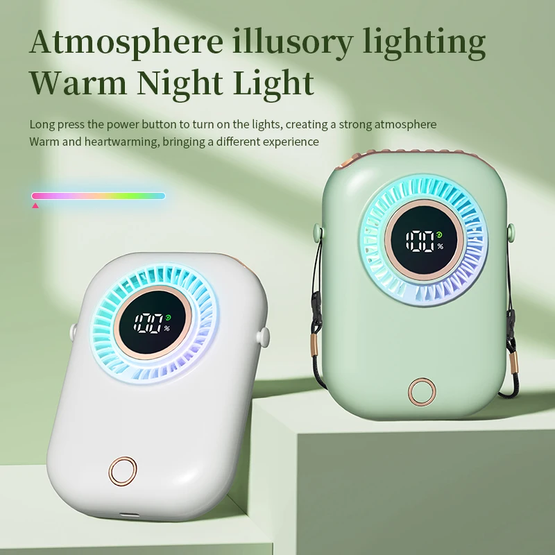 Colorful Hanging Neck Fan Portable Hanging Neck Fan Intelligent Digital Display Colorful Atmosphere Light Five-speed Adjustable