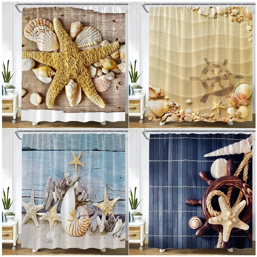 Vintage Wood Starfish Shower Curtain Nautical Shell Conch Beach Bath Curtains Modern Home Wall Hanging Bathroom Decor Sets Hooks