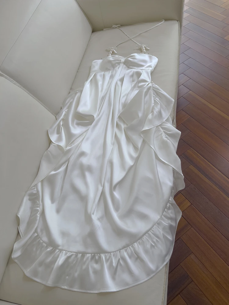 Ele White Asimmetrico Pearl Strapl Dr con finiture in pizzo Holiday Dr Casual Date Dr Gonna a trapezio a vita alta