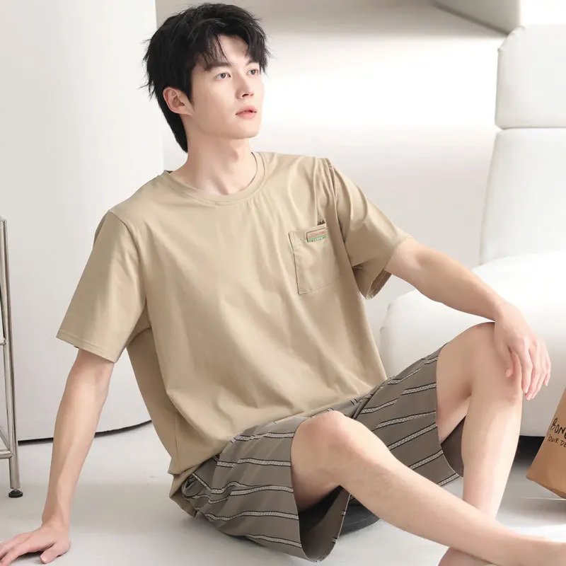 2 Pieces Set Summer Homewear For Men Cotton Nightwear Breathable Loungewear Young Boy Male Pjs Pijamas Hombre pyjama homme coton