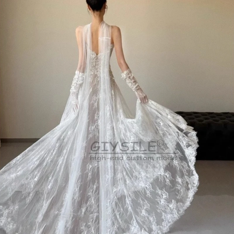GIYSILE Gaun Pengantin Tanpa Tali Kustom Applique Tulle A Line Tanpa Lengan Sapu Kereta Gaun Pernikahan Pesta Formal Vestidos