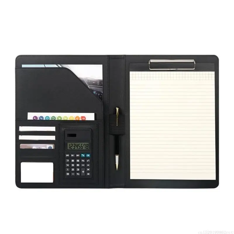 D5BB Conference Folder Leather Clipboard Folder Business Document Organizers with Clipboard Multi Pocket Elastic Pen Slot