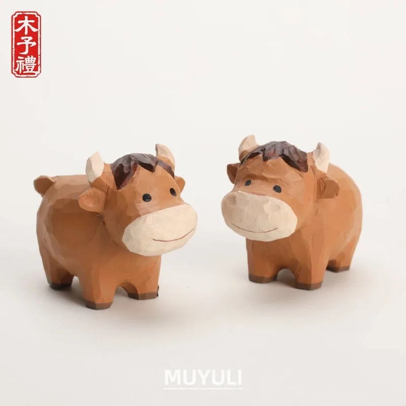 Hand Carved Wooden Little Yellow Cow Figurine Office Desk Decor Mood Stabilizer Desktop Ornament Ox Horse Gift for Colleagues