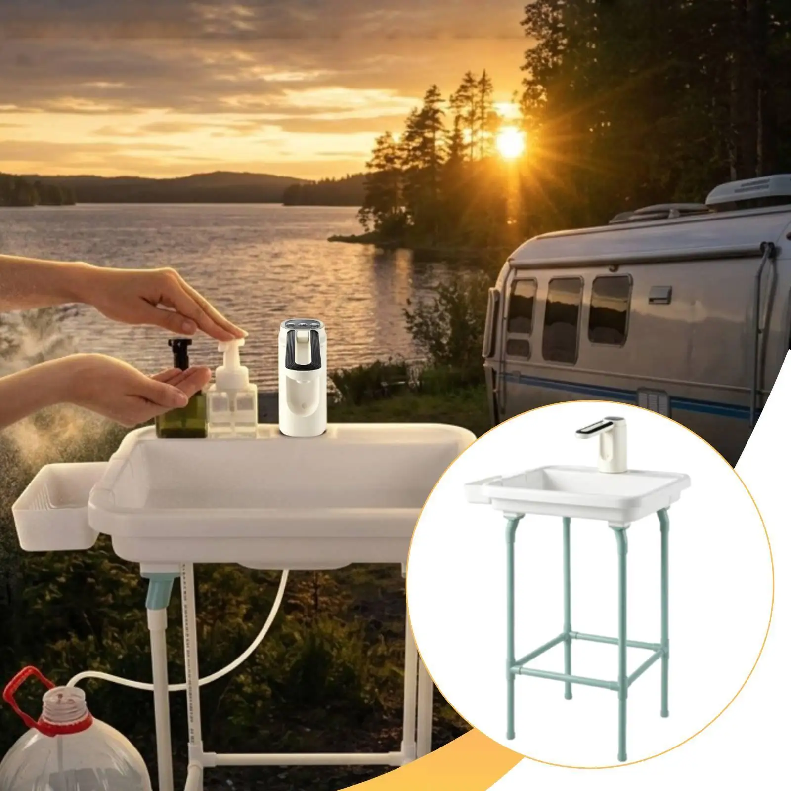 Outdoor Portable Sink for Camping Garden Bathroom Lightweight PP Hand Basin with Storage Basket and Stand for Picnic Travel