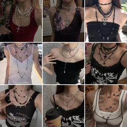 Explosive multi-layer stacked pearl necklace subculture heavy industry punk hip-hop Y2K collarbone chain necklace